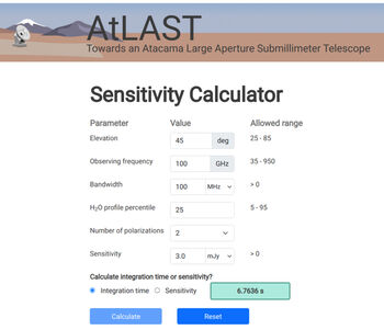 screenshot of the sensitivity calculator, fields with numbers and text